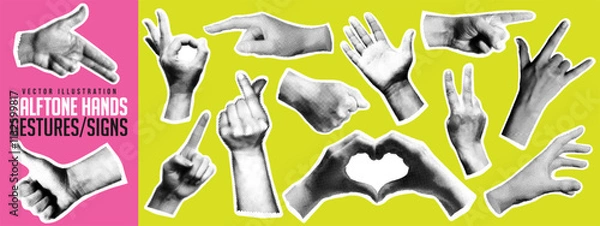 Fototapeta Set of various halftone hand gesture, y2k dotted collage element, finger touch, pointing, click or tap, retro newspaper cutout, comic magazine sticker and doodle arm sign with grunge torn paper. Hands