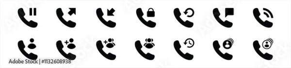 Fototapeta Phone icons set, Telephone call mode symbol signs, phone lock, calling, phone add, Incoming Calls, outgoing calls, vector illustration