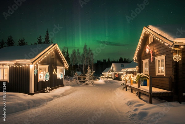 Obraz Pueblo nevado en una noche con aurora boreal. Generado con IA