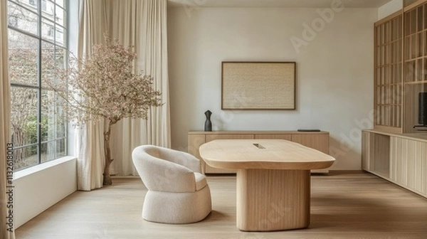 Fototapeta Modern Minimalist Living Room Design Featuring Wooden Furniture