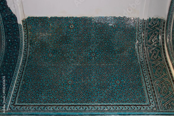 Obraz Blue Tiles of Karatay Madrasa in Konya city, Turkiye. Oriental style ornaments and mosaics in the walls of Seljuk madrasah.