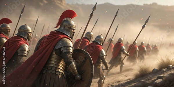 Obraz Ancient roman legionnaires marching to war in dusty landscape.