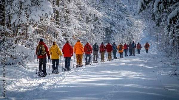 Obraz Participants immerse in the beauty of winter, joyfully snowshoeing along a snowy path surrounded by tranquil, snow-laden trees in a scenic forest