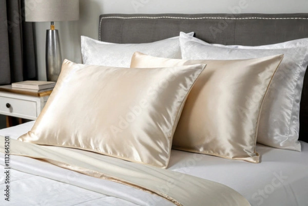 Fototapeta Luxurious silk pillowcases enhancing a contemporary bedroom setting