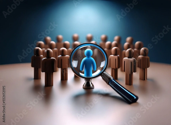 Fototapeta A magnifying glass focuses on a blue figure amidst a circle of brown figures, highlighting the selection process and individual assessment within a group.