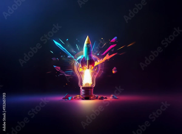 Fototapeta A vibrant lightbulb explodes, revealing a colorful rocket launching from its core.  This symbolizes innovative thinking and creative breakthroughs.
