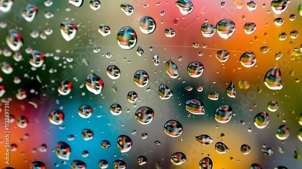 Fototapeta Hyper-realistic wallpaper showing water drops on a clear glass surface with colorful reflections. full ultra hd, high resolution