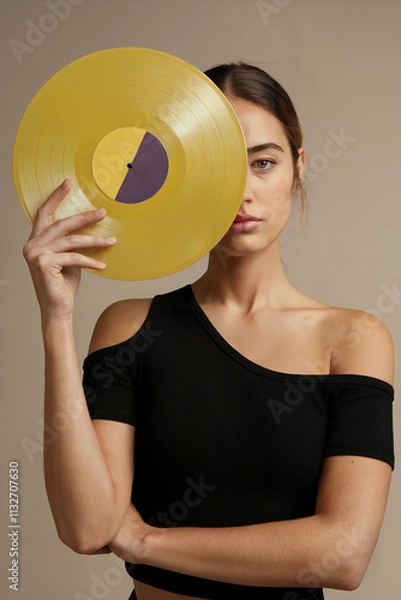 Fototapeta ilustración de una bella mujer tapándose media cara con un disco de vinilo amarillo. Generado con IA