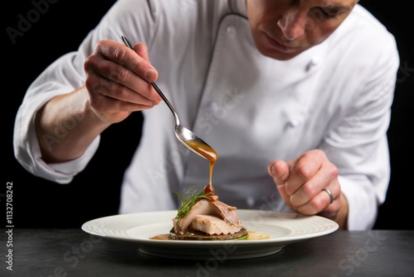 Fototapeta Chef emplatando un plato de comida de alta cocina. Generado con IA