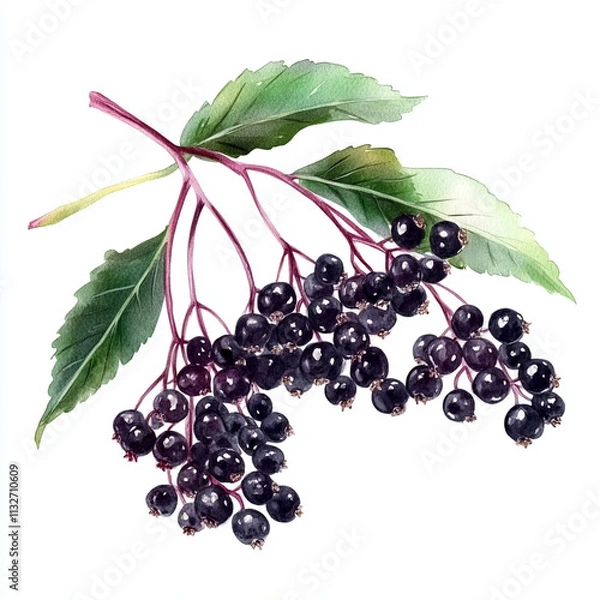 Fototapeta Watercolor illustration of elderberry branch with dark berries and leaves