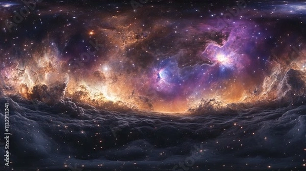 Fototapeta 360-degree equirectangular space background featuring vibrant nebula and stars – hdri spherical panorama for environment mapping and 3d rendering