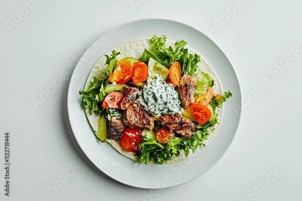 Fototapeta  A lamb gyro wrap filled with grilled lamb, fresh vegetables, and tzatziki sauce.