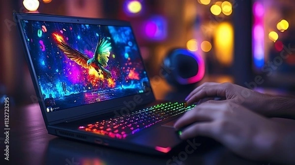 Fototapeta Gamer using RGB laptop with vibrant display.