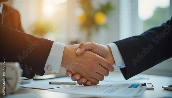 Fototapeta Business professionals shaking hands to seal a deal in an office setting with a clock and flowers in the background during daylight