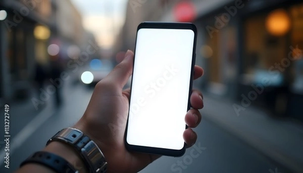 Fototapeta Hand holding a smartphone with a blank screen in a softly lit environment emphasizing digital connection
