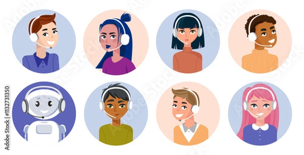 Obraz Customer support avatars set with different characters and robot. Call Center agent avatars set. Diverse Group friendly office workers in headphones icons. Client services and communication. Vector