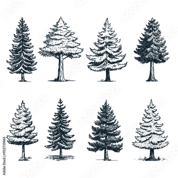 Fototapeta Evergreen trees. Vector sketch illustration. Forest and nature hand drawn design elements set
