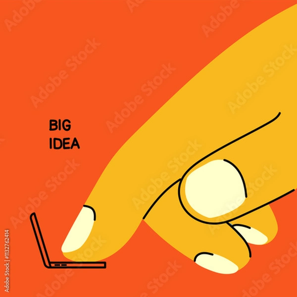 Fototapeta Big idea concept illustration. Giant hands with tiny laptop. Communication, mailing, chatting, social media addiction concept. Hand drawn trendy Vector illustration in cartoon style.
