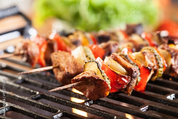 Obraz Grilling shashlik on barbecue grill