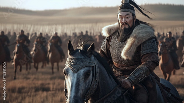 Obraz Genghis Khan leading Mongol cavalry into battle, historical reconstitution of 13th century warfare.
