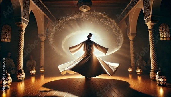 Fototapeta Sufi whirling dervish (Semazen) dances at . Semazen conveys God's spiritual gift to those are witnessing the ritual.