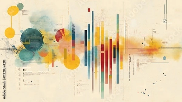 Fototapeta A clean and modern infographic background for stock images, highlighting key business metrics with vibrant bar graphs, pie charts, and numerical data points