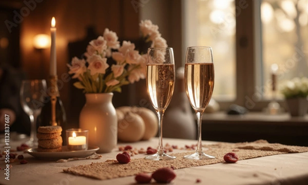Fototapeta Mocha mousse-colored anniversary celebration with champagne and soft lighting - An anniversary celebration with a mocha mousse-themed color scheme, including