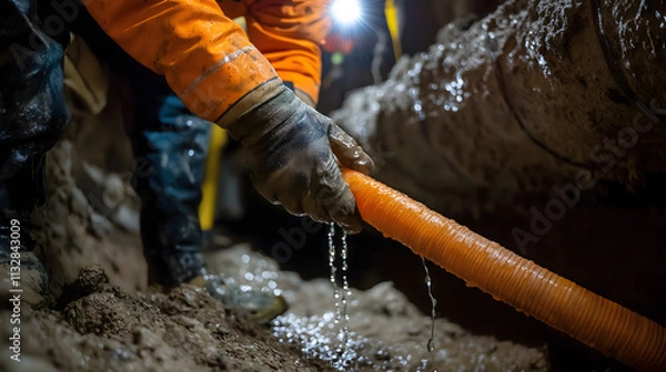 Obraz Pipe relining expert fixes underground issues in constrained environment action shot detail focus