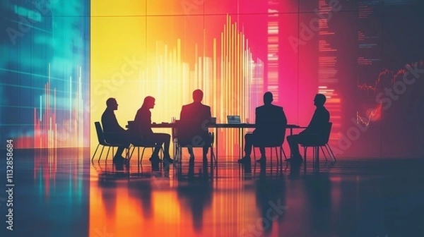 Obraz Representatives from various countries engaging in a roundtable discussion about global markets, prominent charts and graphs displayed. A world map in a background, collaboration and global unity
