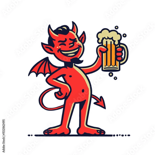 Obraz Cheerful devil with wings, tail, and a beer mug, smiling confidently in a playful cartoon style. High-quality isolated vector illustration perfect for party themes and bar branding.