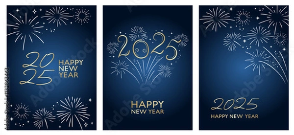 Fototapeta Elegant New Year greeting card design vector. Golden and white lettering and fireworks on blue background.