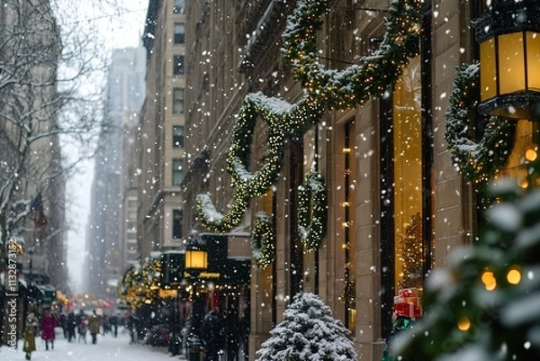 Fototapeta magical christmas scene on snowy streets of new york city with strings of warm white lights wrapped around lampposts