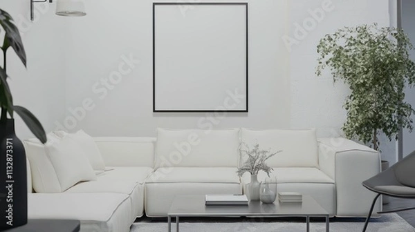 Fototapeta Clean Scandinavian living space with a modular white sofa, modern metal coffee table, and a reverse-angled 3D mockup poster frame.