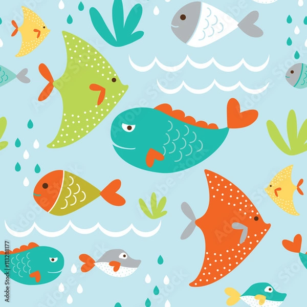 Fototapeta seamless background with cute cartoon fish design