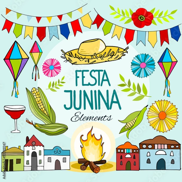 Obraz Set of Brazilian Festa Junina party, celebration elements, hand drawn vector illustration
