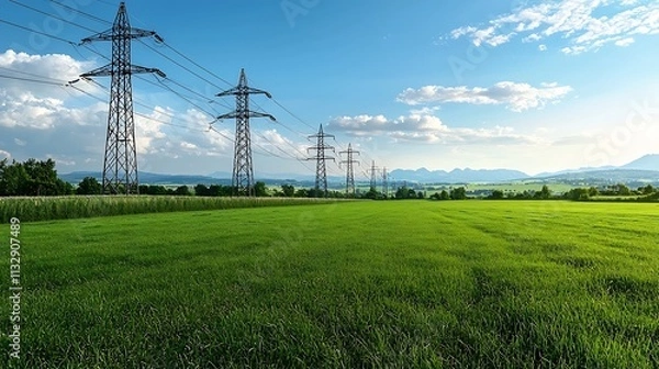 Obraz Smart Energy Grid With Eco Friendly Features In Vibrant Green Landscape Setting