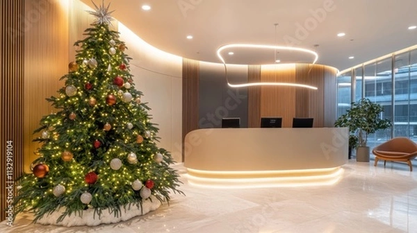 Fototapeta Modern Reception Area with Festive Christmas Tree