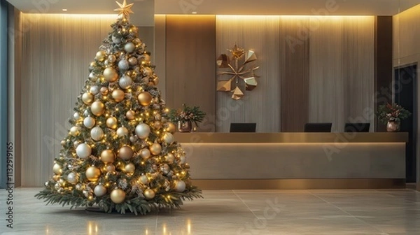 Fototapeta Elegant Christmas Tree in Modern Lobby Setting