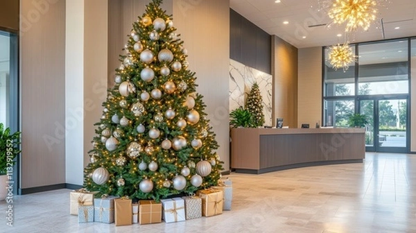 Fototapeta Elegant Christmas Tree in Modern Lobby Setting
