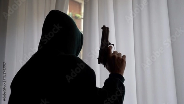 Fototapeta hooded terrorist prepares to use a revolver gun and shoot from the window towards the target to be killed, violence and danger to life on the outskirts of modern societ