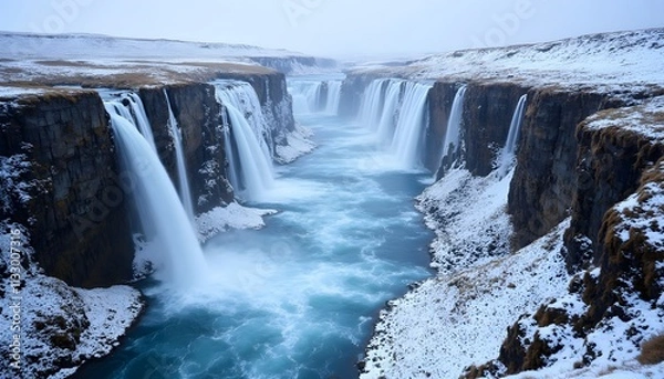 Fototapeta Water cascades over cliffs into a snowy river in Iceland during wintertime