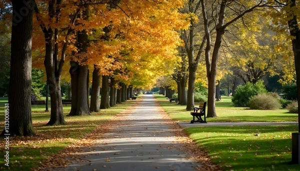 Fototapeta Colorful autumn pathway through a serene woodland setting with vibrant foliage and wooden bridge