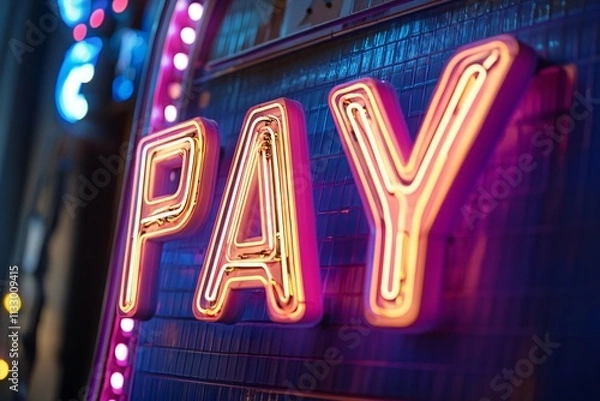 Fototapeta Vibrant Neon Sign Displaying the Word Pay in Colorful Lights