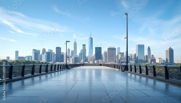 Fototapeta City skyline view from an empty elevated walkway under a clear blue sky during daytime