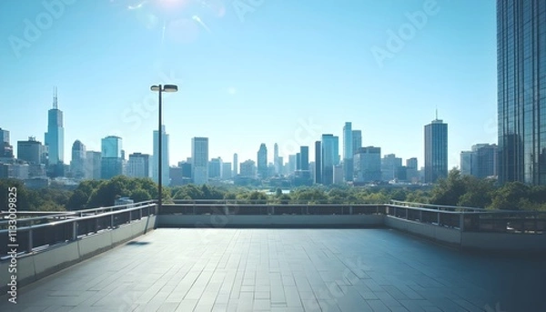 Fototapeta City skyline view from an empty elevated walkway under a clear blue sky during daytime