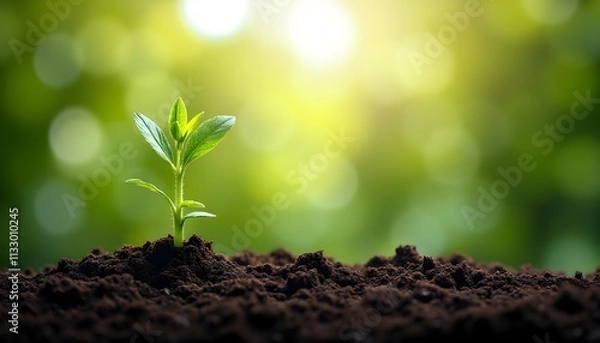 Fototapeta New plant sprouting from rich soil under soft sunlight in a lush green environment