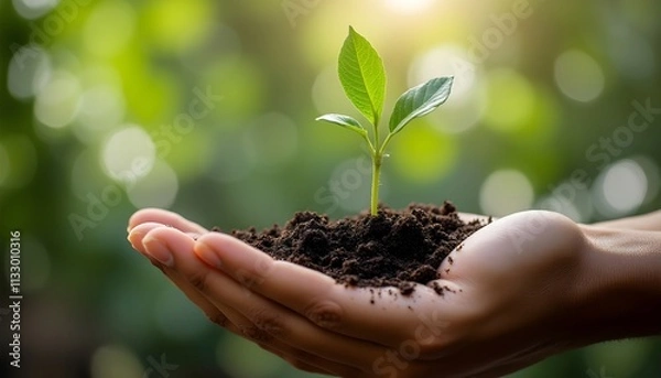 Fototapeta New plant sprout growing in a hand with soil showing commitment to sustainable gardening and environmental awareness