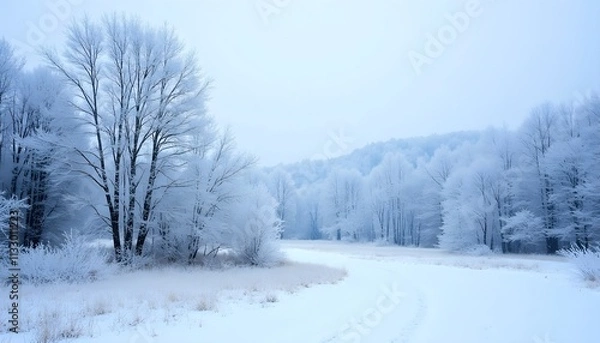 Fototapeta Snowy winter landscape with frosted trees and soft powder resting on the ground in a serene atmosphere