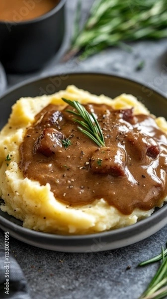 Fototapeta A plate of creamy mashed potatoes topped with savory gravy and meat, garnished with herbs.