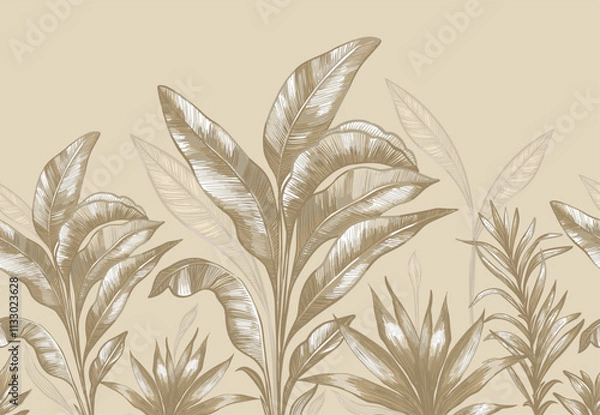 Fototapeta Seamless coupon pattern. Golden lines, tropical leaves, palm trees. 